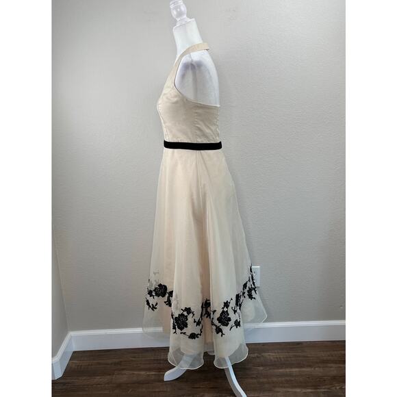 Davids Bridal Nude Black Floral Lace Halter Fit Flare Bridesmaid Midi Dress XS/6 - Picture 7 of 14